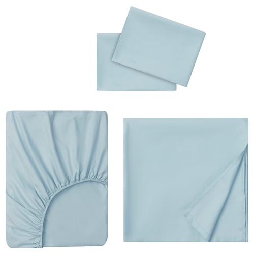 Three light blue bed sheets displayed: fitted sheet with elastic, flat sheet, and a pillowcase, all soft and light blue.