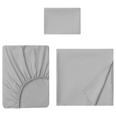Three grey sheets displayed: fitted, flat, and pillowcase, neat and folded.