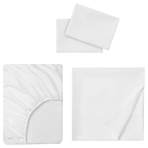 Image displays a white sheet set with fitted sheet, flat sheet, and two pillowcases.