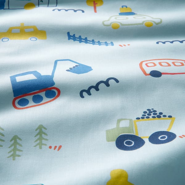 BARNDRÖM Duvet cover and pillowcase, blue/vehicles pattern, Twin