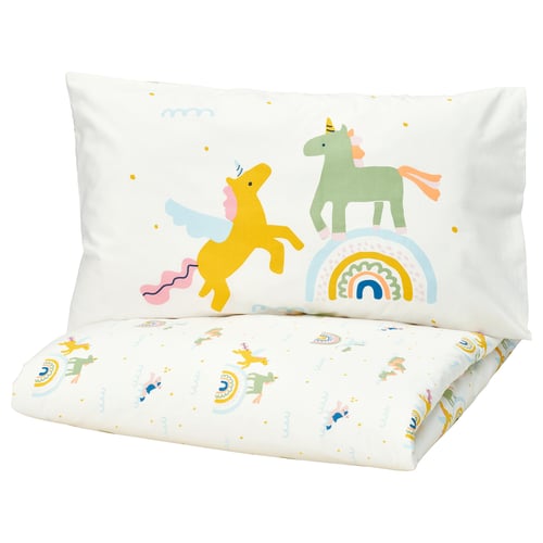Barndrom yellow comforter set, unicorns, rainbows, soft cotton, white with pastel colours.