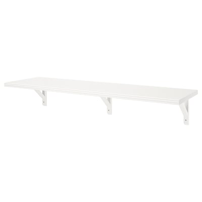 White BERGSHULT wall shelf, smooth edge, wooden brackets.