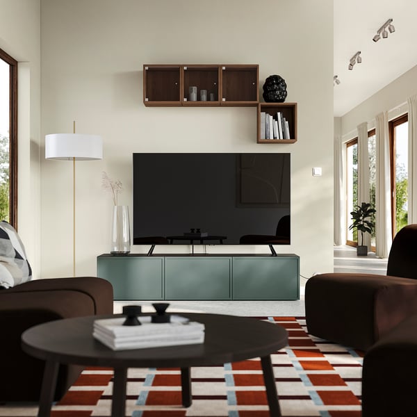 BESTÅ TV bench with doors, black-brown/Krukmakare dark grey-green, 180x42x38 cm