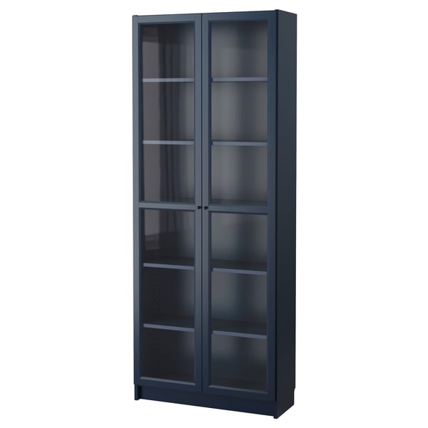 BILLY Bookcase with glass-doors, dark blue, 80x30x202 cm