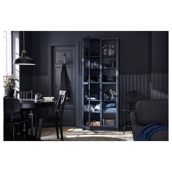 BILLY Bookcase with glass-doors, dark blue, 80x30x202 cm