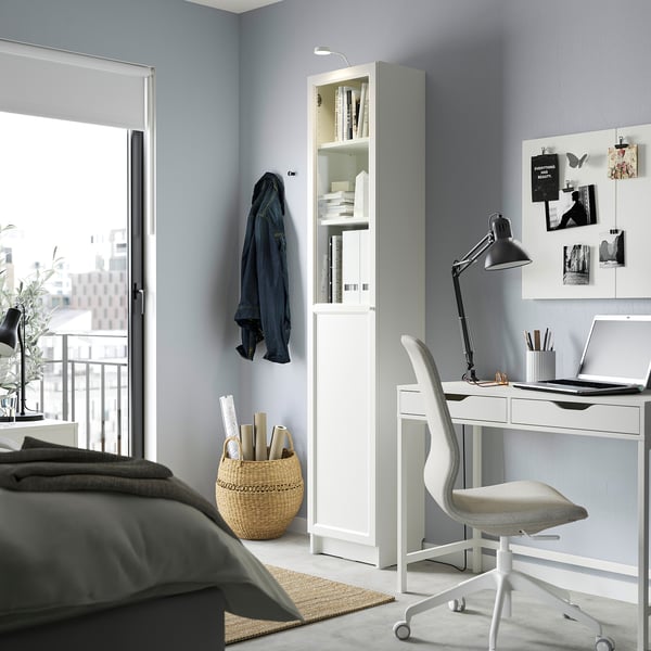 BILLY / OXBERG Bookcase with panel/glass door, white/glass, 40x30x202 cm