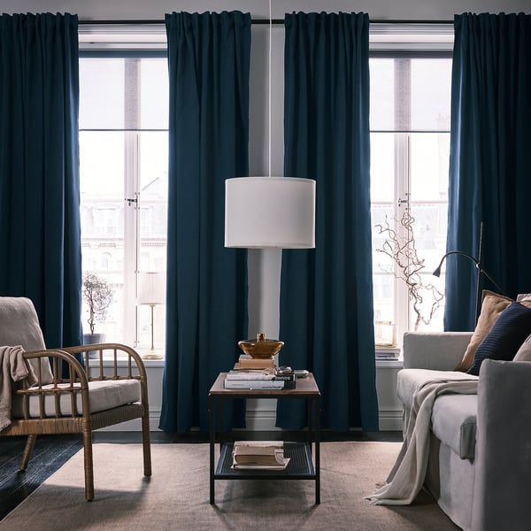 BLÅHUVA Block-out curtains, 1 pair, dark blue, 145x250 cm