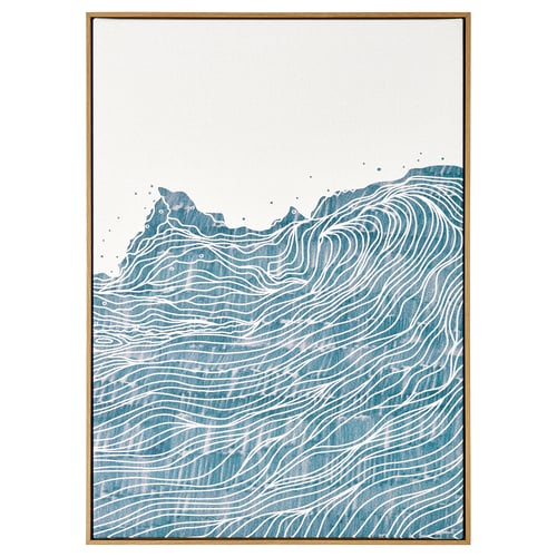 Framed blue wavy art print on canvas with oak effect frame.