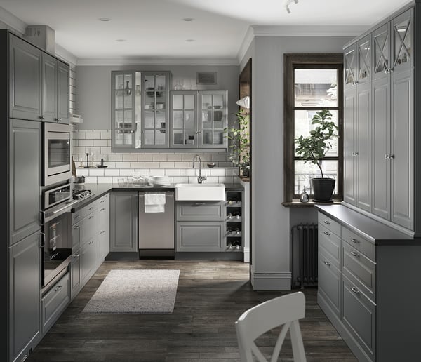 BODBYN 2-p door f corner base cabinet set, grey, 33x76 cm