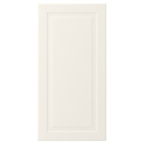 A BODBYN cabinet door in off-white. It bevelled panels and a smooth, lacquered surface.
