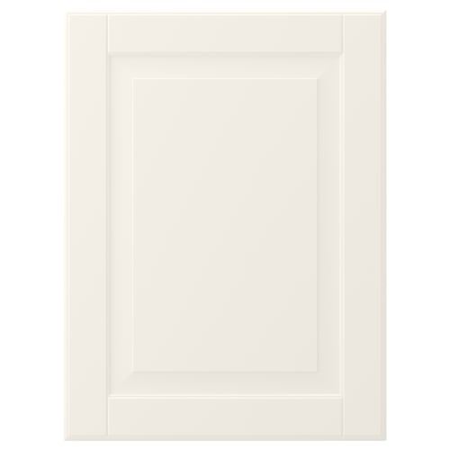 A BODBYN off-white cabinet door with a classic, bevelled design. Its rectangular, made from fiberboard, and coated in moisture-resistant lacquer.
