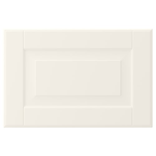 An off-white, rectangular, traditional-style BODBYN kitchen cabinet door with bevelled panels and a smooth lacquered surface.