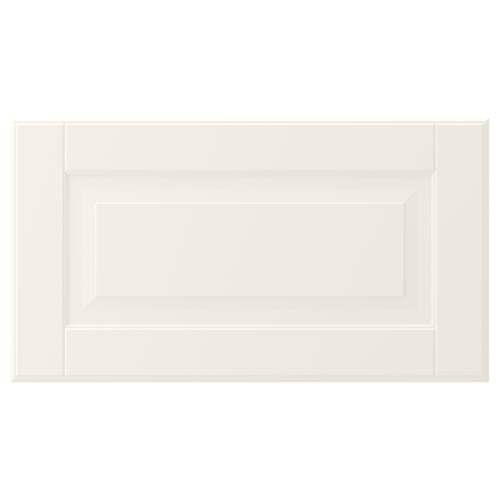 Off-white cabinet door with bevelled panels, lacquered finish, rectangular shape, classic design.