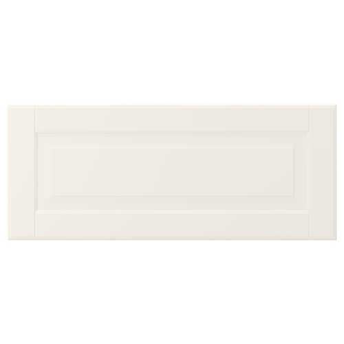 BODBYN off-white cabinet doors, classic bevelled panels, easy-clean lacquered surface.