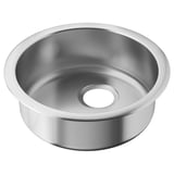 A silver-colored stainless steel sink in a circular shape. It has a sleek, modern design.