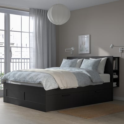 BRIMNES Bed frame w storage and headboard, black/Luröy, Full