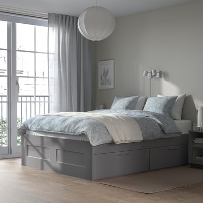 BRIMNES Bed frame with storage, grey/Luröy, Queen