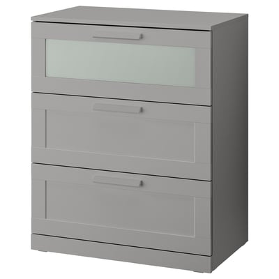 BRIMNES Chest of 3 drawers, grey/frosted glass, 78x95 cm