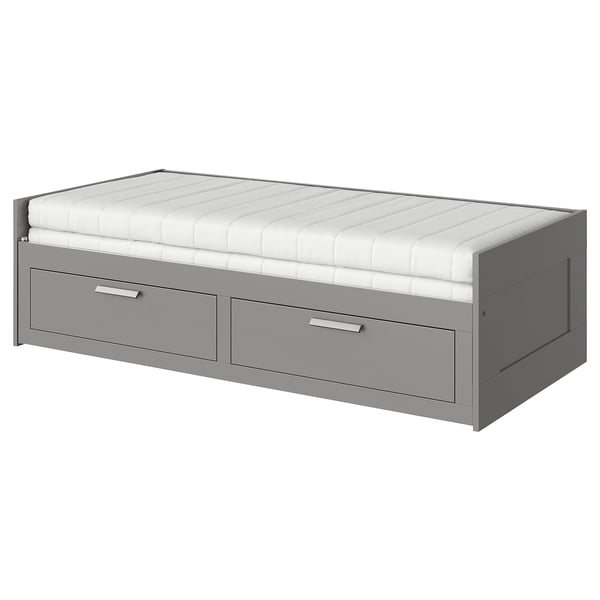 BRIMNES Day-bed w 2 drawers/2 mattresses, grey/Åsvang medium firm, Twin