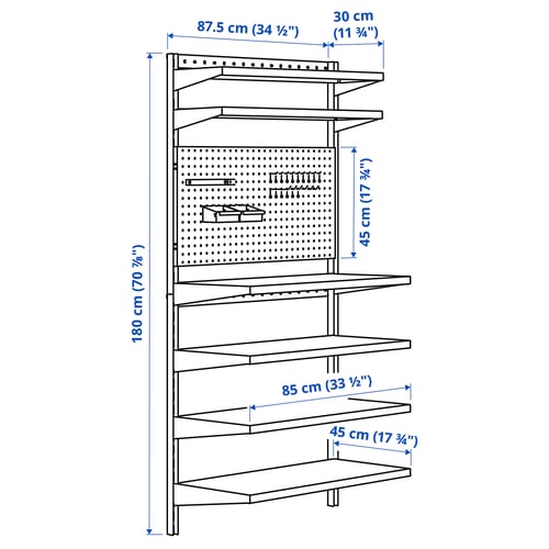 BROR wall shelf combination, with pegboard/black, 88x30/45x180 cm - IKEA