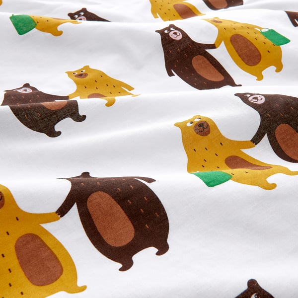 BRUMMIG Duvet cover and pillowcase, bear pattern yellow/brown, Twin