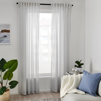 BYMOTT Curtains, 1 pair, white/light grey striped/with heading tape, 120x250 cm