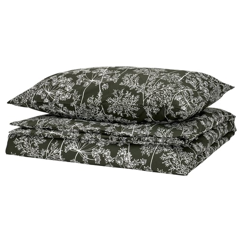 DAGGBJÖRNBÄR bedding: dark green, floral pattern, cotton/lyocell, rectangular.