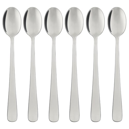 Six stainless steel spoons with sleek design, arranged neatly for display.