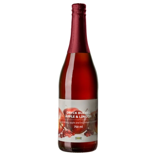 Bottle of red sparkling apple & lingonberry drink. White label with fruit images.