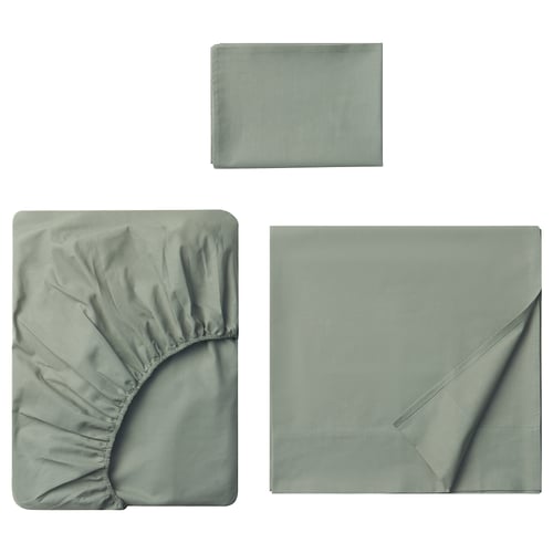 Three grey-green DVALA sheets displayed; includes flat sheet, pillowcase, and fitted sheet with elastic edges.