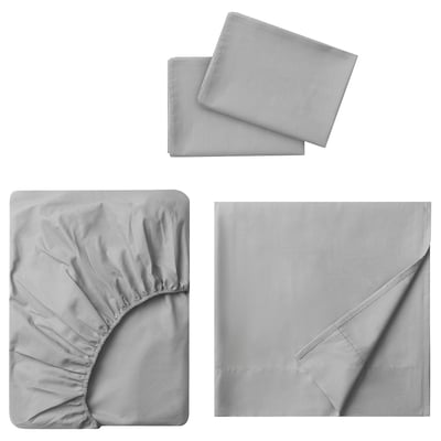 Light grey DVALA bed sheets set, including flat, fitted, and pillowcase, made from soft and sustainable cotton.