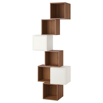 EKET wall-mounted storage shelves, light wood cubes, asymmetric design.