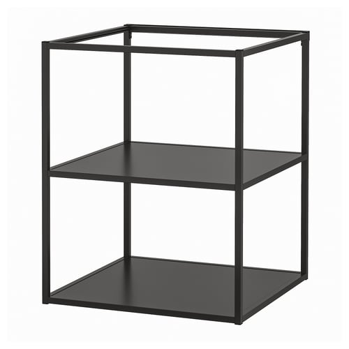 An ENHET open storage frame in black, featuring two shelves. Its made of galvanised steel with a powder coating and has a square, modern design.