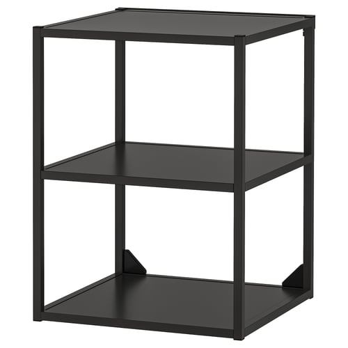 Black ENHET storage unit, modern cube shape with open shelves, steel frame.