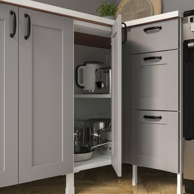 ENHET Corner base cabinet with shelf/door, white/grey frame