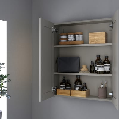 ENHET Mirror cb with 2 doors, grey/grey frame, 61x17x76 cm