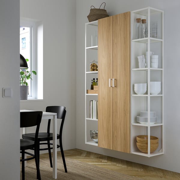 ENHET Storage combination, white/oak effect, 122x32x183 cm