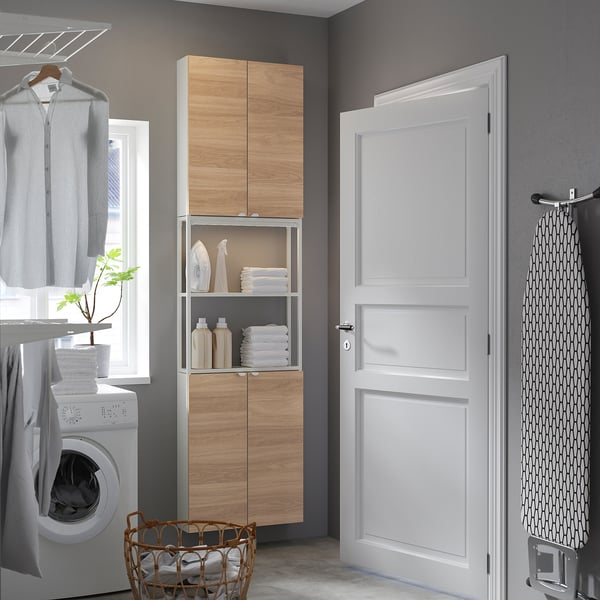 ENHET Storage combination, white/oak effect, 61x17x229 cm