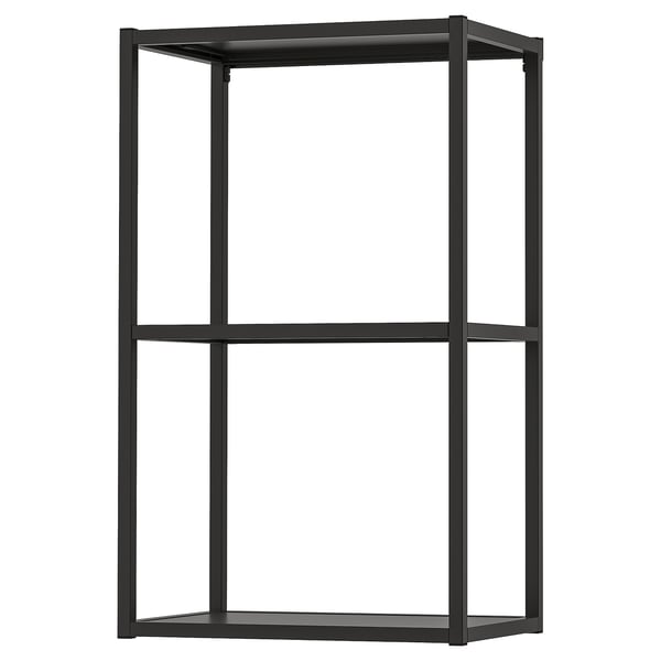 Black ENHET metal storage shelf with 2 open sections, sleek modern design.
