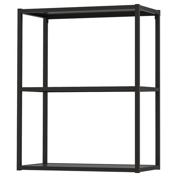 ENHET open black frame with 2 shelves for kitchen, bath, or laundry. Modern, minimalist design with durable metal construction.