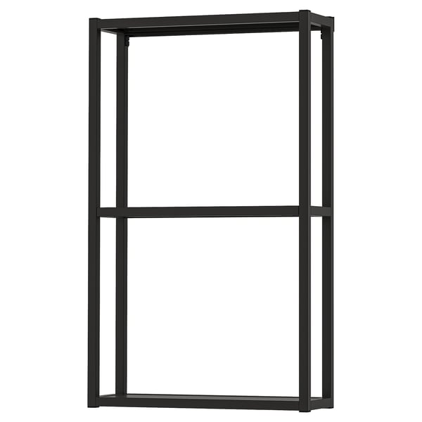 An ENHET open storage frame in black. It a sleek, rectangular design with two metal shelves.