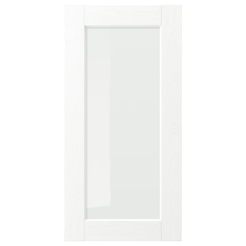 A white ENKÖPING cabinet door with a frosted glass centre, edged in plastic, and a subtle wood grain texture.