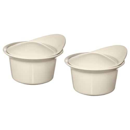 Two white ceramic bowls with lids. Round shape, smooth finish. Ideal for baking or serving.