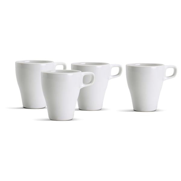 Four white, cylindrical cups with handles lined up neatly. Simple design, smooth surface, made of stoneware.