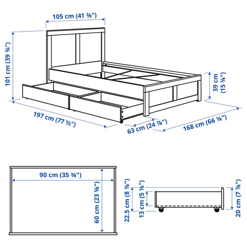 FÅGELFJÄLLET Bed frame with 2 storage boxes, black oak effect, Twin