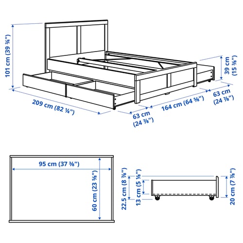 FÅGELFJÄLLET Bed frame with 4 storage boxes, off-white, Queen