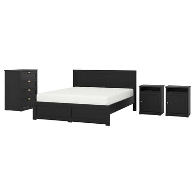 Black bedroom furniture set with modern design; includes bed, two nightstands, and dresser. Dark wood finish and brass handles.