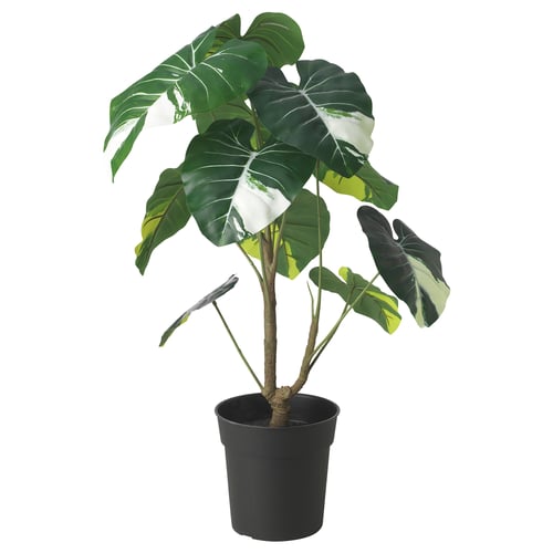 Artificial potted plant named FEJKA with large green and white leaves, made from recycled materials and designed to resemble a tropical houseplant.