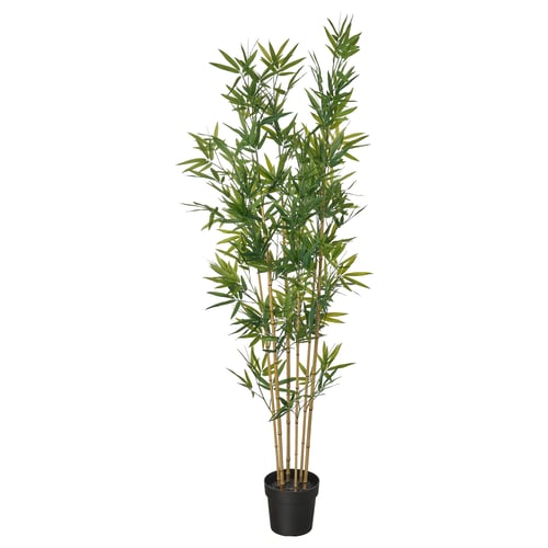 Artificial bamboo plant, green, potted in black, recycled plastic materials, upright and slender design.