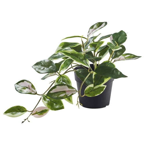 FEJKA potted artificial plant, green with pink leaves, recycled materials.